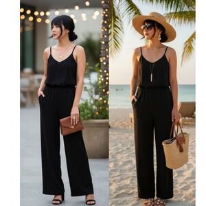 Style & Co Womens Black Wide Leg Blouson Jumpsuit Small Adjustable Straps